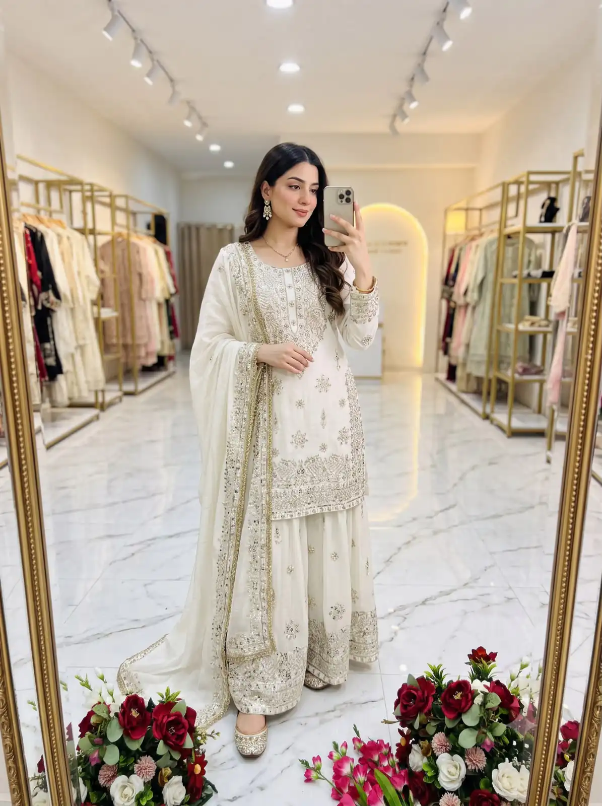 Super White NC Zimmy Silk Embroidery Work Salwar Suit - Image 2