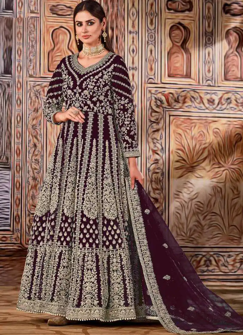 Super Wine Butterfly Net Sequins Work Salwar Suit