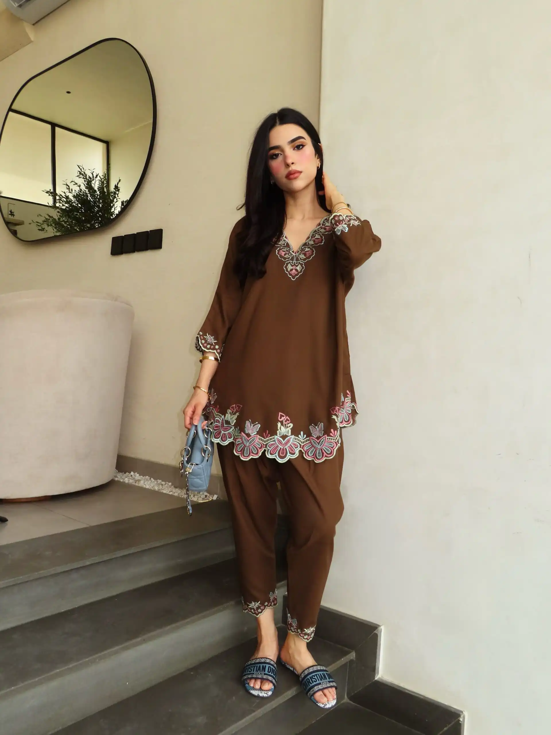 Trendy Brown French Crape Embroidery Work Kurti - Image 3