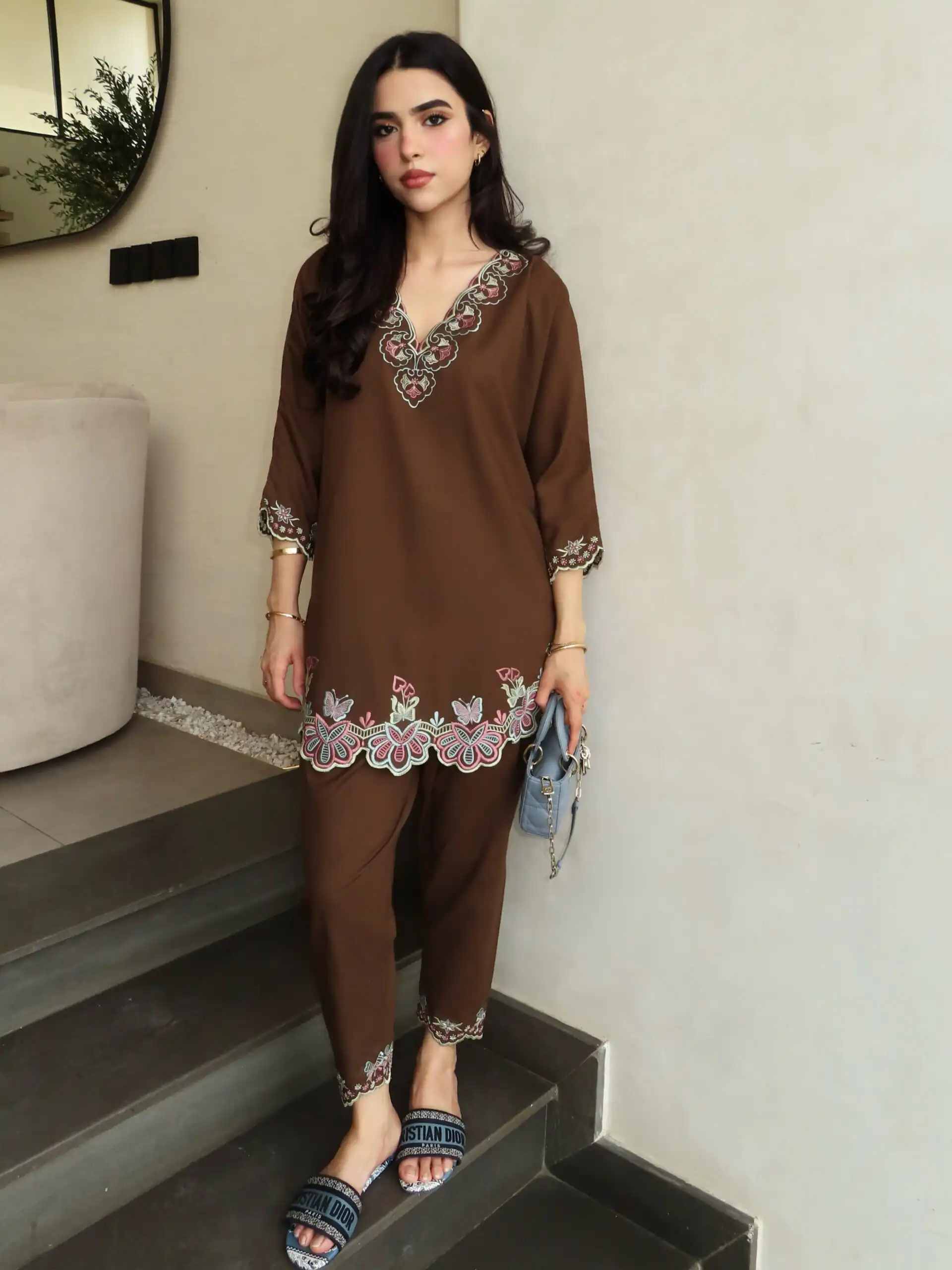 Trendy Brown French Crape Embroidery Work Kurti - Image 5
