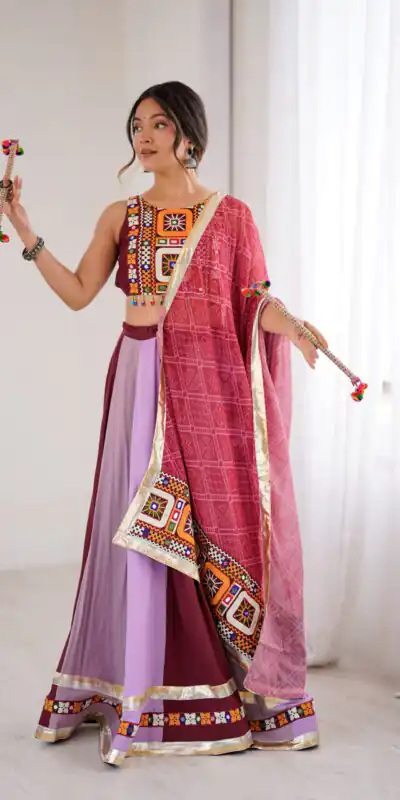 Trendy Maroon Rayon Gamthi Work Lehenga Choli