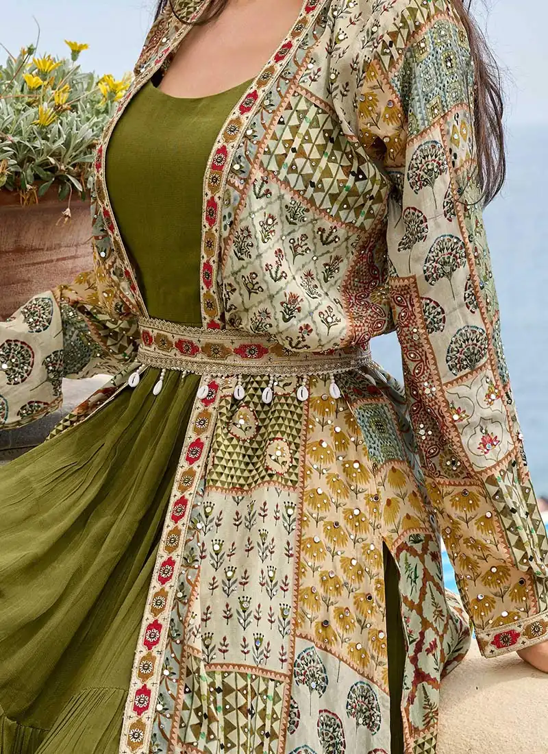 Trendy Mehendi Printed Crepe Embroidery Work Shrug Suit - Image 3