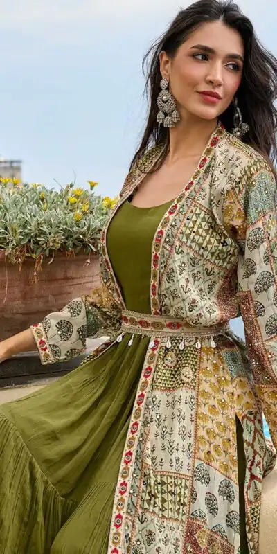Alternative view of Trendy Mehendi Printed Crepe Embroidery Work Shrug Suit