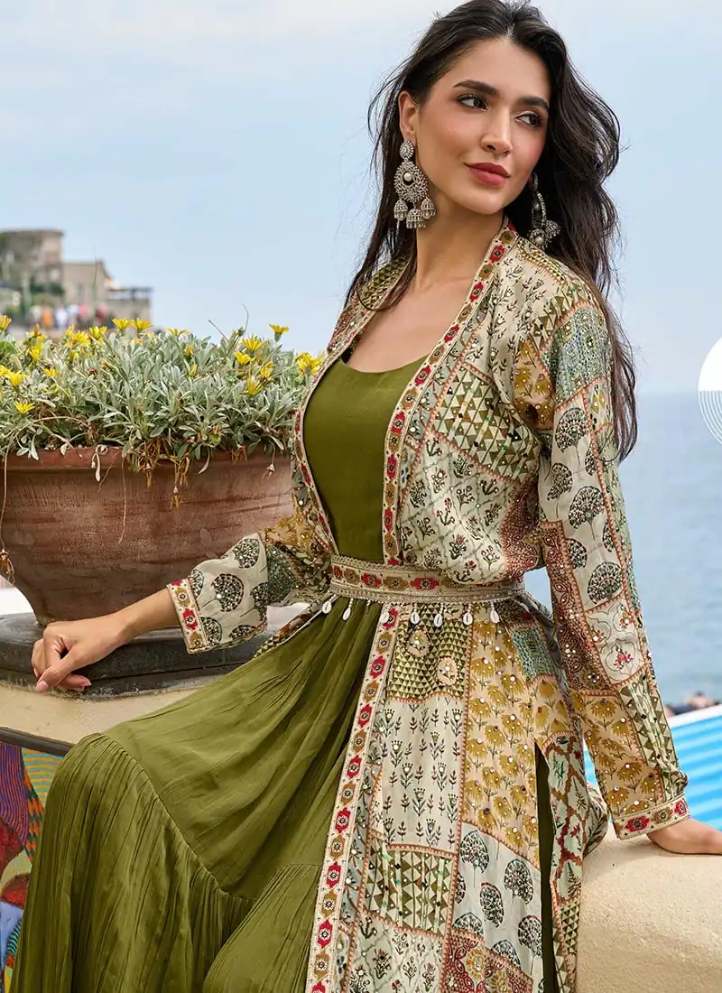 Trendy Mehendi Printed Crepe Embroidery Work Shrug Suit - Image 2