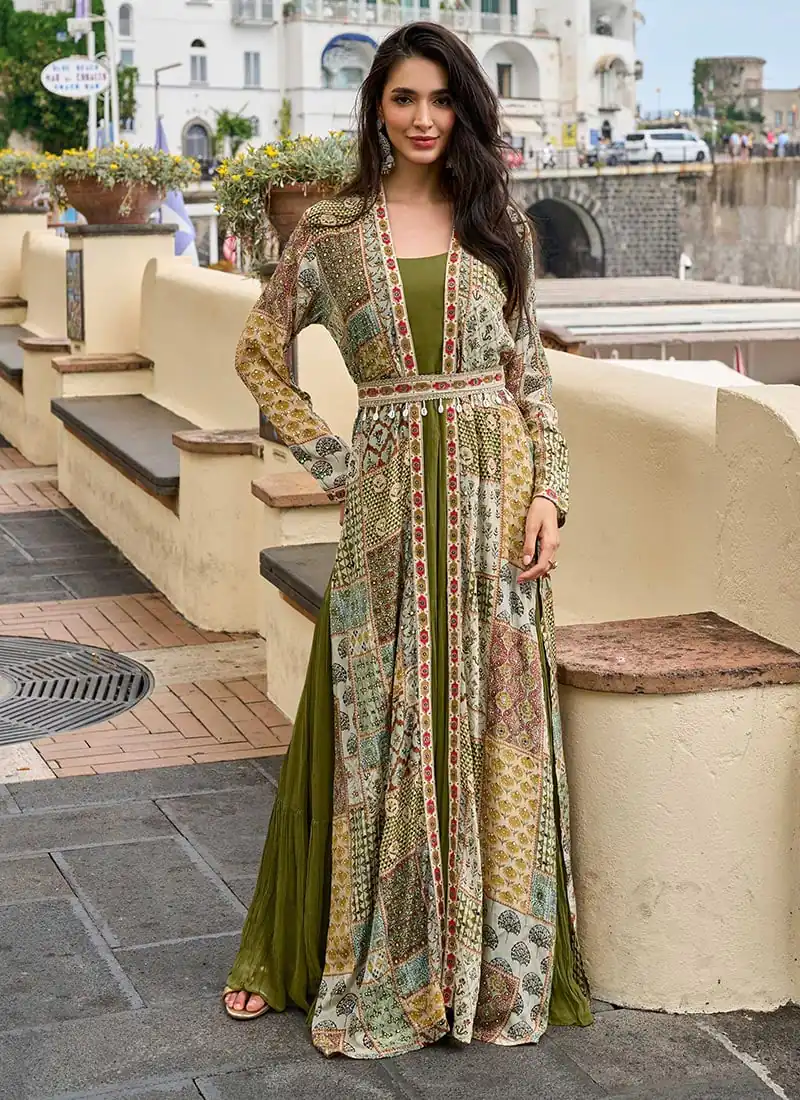 Trendy Mehendi Printed Crepe Embroidery Work Shrug Suit