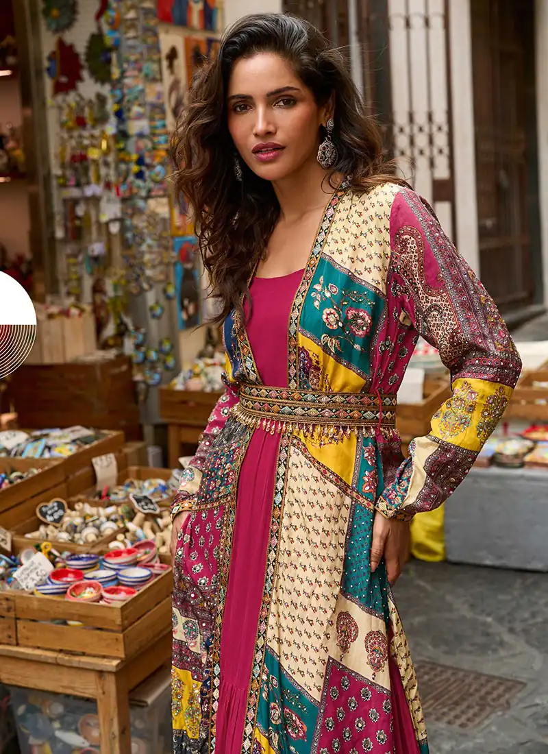 Trendy Pink Printed Crepe Embroidery Work Shrug Suit - Image 2