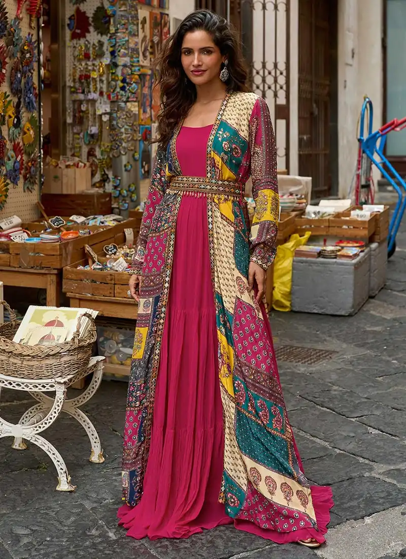 Trendy Pink Printed Crepe Embroidery Work Shrug Suit