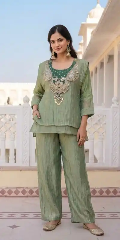 Trendy Pista Salsa Beads Work Kurti