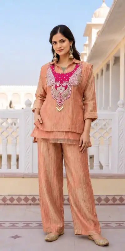 Trendy Rust Salsa Beads Work Kurti