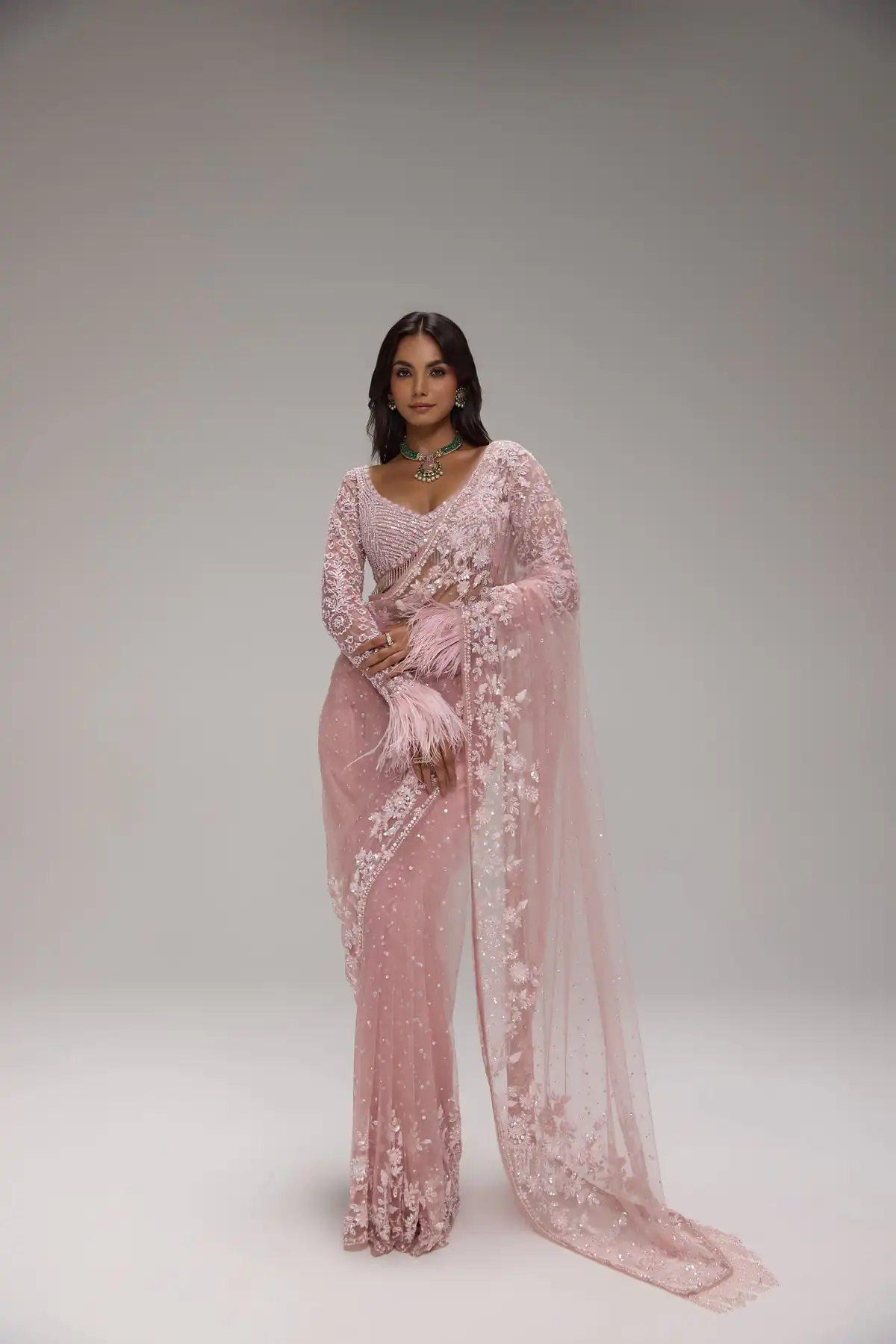 Unique Light Pink Butterfly Net Sequins Saree - Image 3