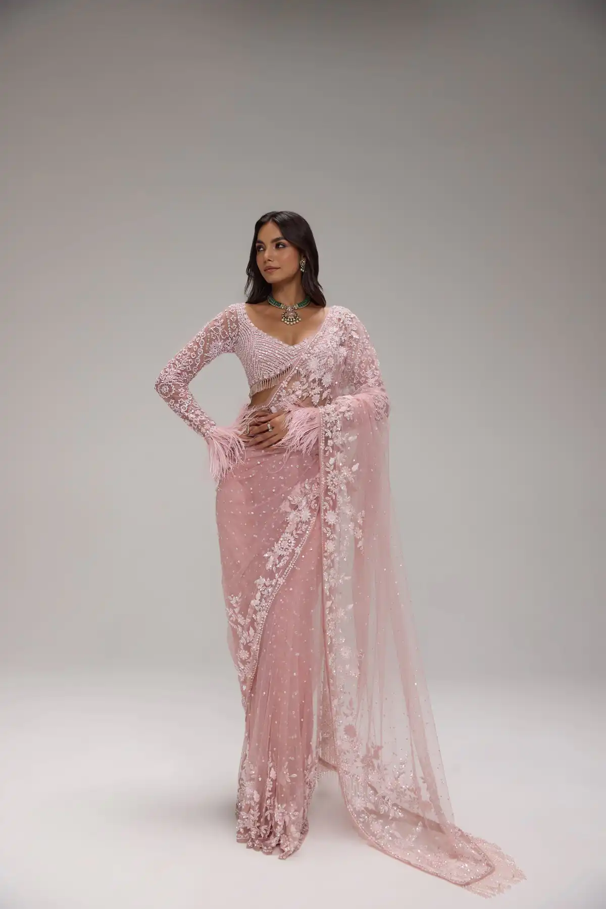 Unique Light Pink Butterfly Net Sequins Saree