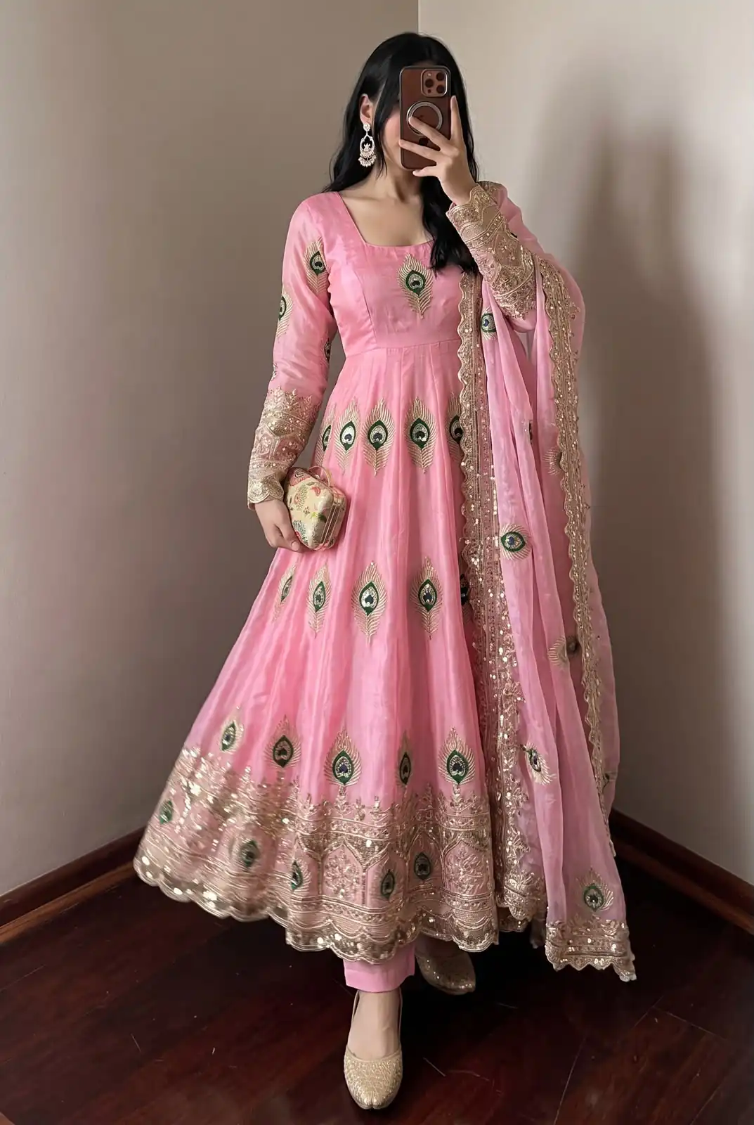 Unique Pink Fendy Silk Threads Work Gown