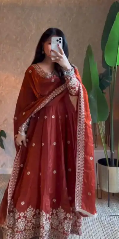 Alternative view of Unique Rust Fendy Silk Embroidery Work Gown