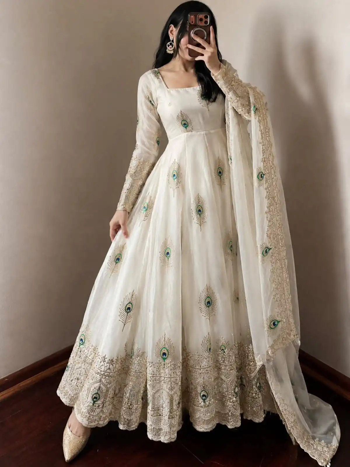 Unique White Fendy Silk Threads Work Gown