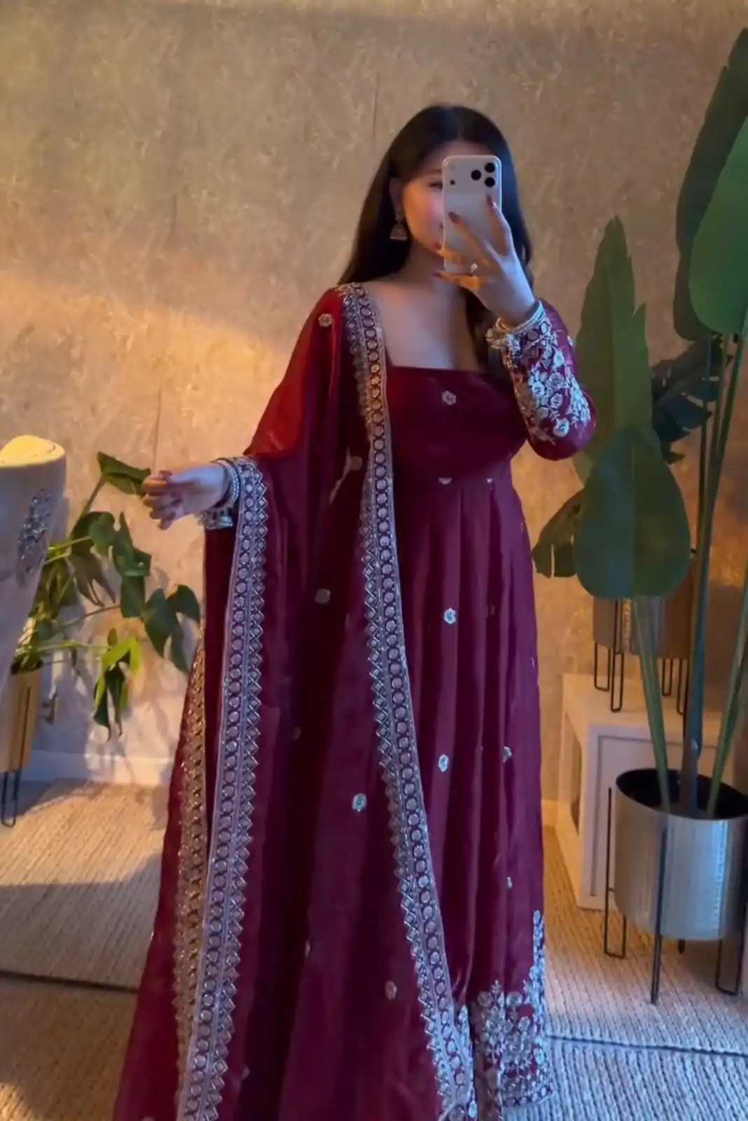 Unique Wine Fendy Silk Embroidery Work Gown - Image 2