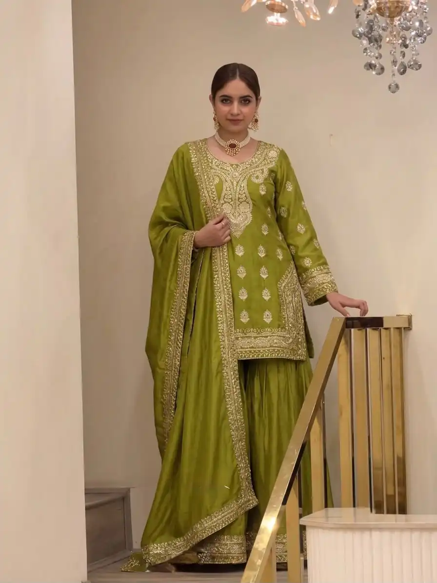AD 236 Mehendi Color Chinon Silk Salwar Suit with Embroidery Work. Online Get it for ₹2349. Delivery 4-6 Working Days. Shop now. | Jump Suits, Salwar suit, Designer Suits, Casual Suits, Creative suits, Palazzo Suits, Party Wear Suits, Patiala Suits, Straight Suits