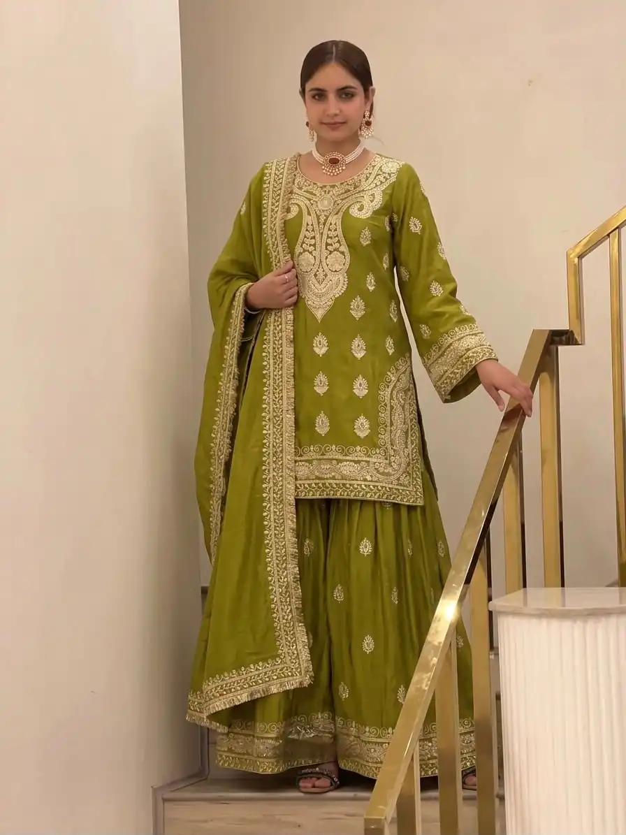 AD 236 Mehendi Color Chinon Silk Salwar Suit with Embroidery Work. Online Get it for ₹2349. Delivery 4-6 Working Days. Shop now. | Jump Suits, Salwar suit, Designer Suits, Casual Suits, Creative suits, Palazzo Suits, Party Wear Suits, Patiala Suits, Straight Suits