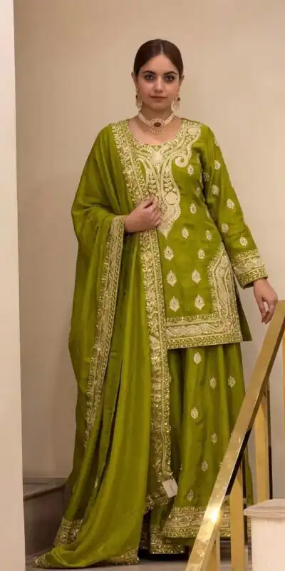 AD 236 Mehendi Color Chinon Silk Salwar Suit with Embroidery Work. Online Get it for ₹2349. Delivery 4-6 Working Days. Shop now. | Jump Suits, Salwar suit, Designer Suits, Casual Suits, Creative suits, Palazzo Suits, Party Wear Suits, Patiala Suits, Straight Suits