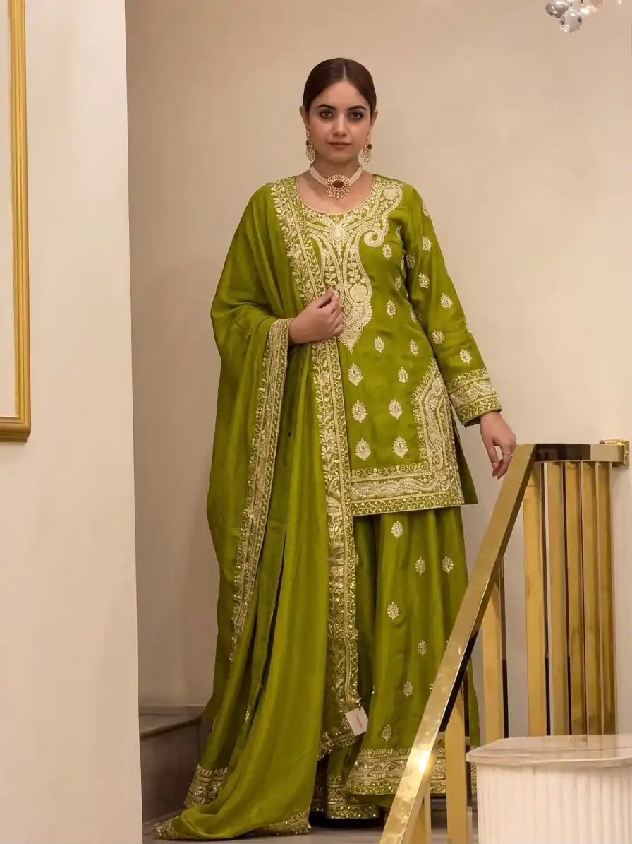 AD 236 Mehendi Color Chinon Silk Salwar Suit with Embroidery Work. Online Get it for ₹2349. Delivery 4-6 Working Days. Shop now. | Jump Suits, Salwar suit, Designer Suits, Casual Suits, Creative suits, Palazzo Suits, Party Wear Suits, Patiala Suits, Straight Suits