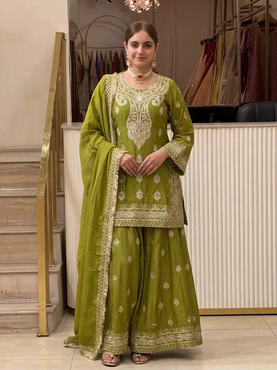 AD 236 Mehendi Color Chinon Silk Salwar Suit with Embroidery Work. Online Get it for ₹2349. Delivery 4-6 Working Days. Shop now. | Jump Suits, Salwar suit, Designer Suits, Casual Suits, Creative suits, Palazzo Suits, Party Wear Suits, Patiala Suits, Straight Suits