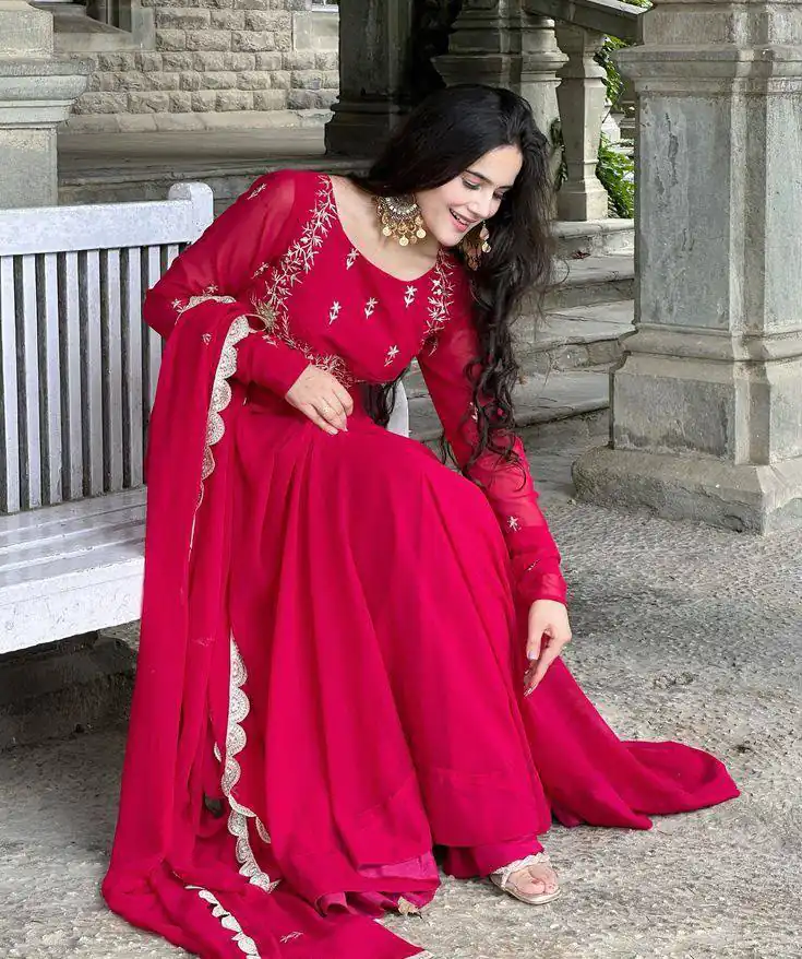 ZB 5078 Pink Faux Georgette Gown with Mirror Work & Embroidery Work. Get it for ₹2199. Delivery 4-6 Working Days. Online Shop now. | Gowns, Bollywood Gowns, Creative Gowns, Designer Gowns, Embroidered Gowns, Party Wear Gowns
