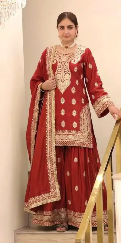 AD 236 Red Color Chinon Silk Salwar Suit with Embroidery Work. Online Get it for ₹2349. Delivery 4-6 Working Days. Shop now. | Jump Suits, Salwar suit, Designer Suits, Casual Suits, Creative suits, Palazzo Suits, Party Wear Suits, Patiala Suits, Straight Suits
