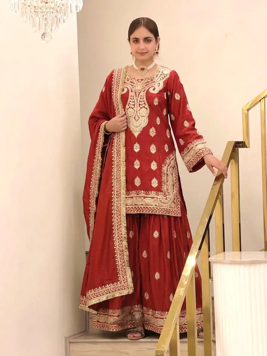 AD 236 Red Color Chinon Silk Salwar Suit with Embroidery Work. Online Get it for ₹2349. Delivery 4-6 Working Days. Shop now. | Jump Suits, Salwar suit, Designer Suits, Casual Suits, Creative suits, Palazzo Suits, Party Wear Suits, Patiala Suits, Straight Suits