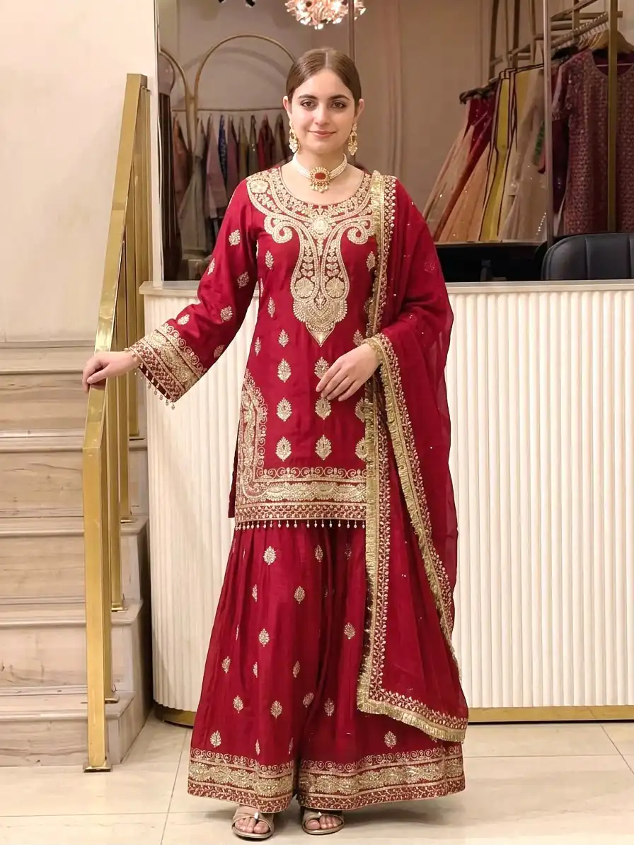 AD 236 Red Color Chinon Silk Salwar Suit with Embroidery Work. Online Get it for ₹2349. Delivery 4-6 Working Days. Shop now. | Jump Suits, Salwar suit, Designer Suits, Casual Suits, Creative suits, Palazzo Suits, Party Wear Suits, Patiala Suits, Straight Suits