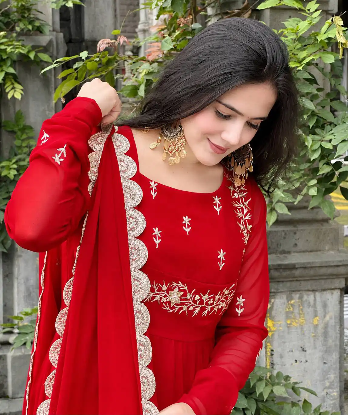 ZB 5078 Red Faux Georgette Gown with Mirror Work & Embroidery Work. Get it for ₹2199. Delivery 4-6 Working Days. Online Shop now. | Gowns, Bollywood Gowns, Creative Gowns, Designer Gowns, Embroidered Gowns, Party Wear Gowns