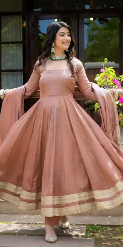 ND 5078 Brown Vichitra Salwar Suit with Sequins Work & Embroidery Work. Available at ₹2449 only. Delivery 4-6 Working Days. Shop now. | Anarkali Suits, Bollywood Anarkali, Creative-Anarkali, Designer Anarkali, Embroidered Anarkali, Party Wear Anarkali, Salwar suit