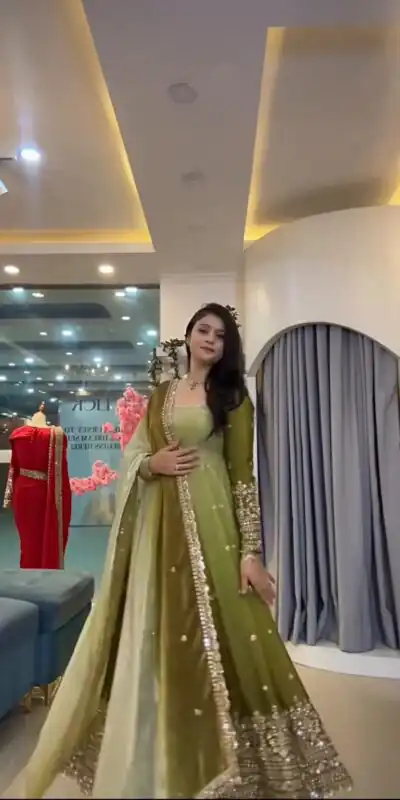 SR 1725 Mehendi Faux Georgette Gown with Mirror Work & Embroidery Work. Get it for ₹2449. Delivery 4-6 Working Days. Online Shop now. | Gowns, Bollywood Gowns, Creative Gowns, Designer Gowns, Embroidered Gowns, Party Wear Gowns