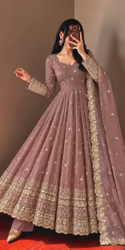 JF 059 Onion Fendy Silk Gown with Embroidery Work & Sequins Work. Special Price ₹2799. Delivery 4-6 Working Days. Shop now. | Gowns, Bollywood Gowns, Creative Gowns, Designer Gowns, Embroidered Gowns, Party Wear Gowns