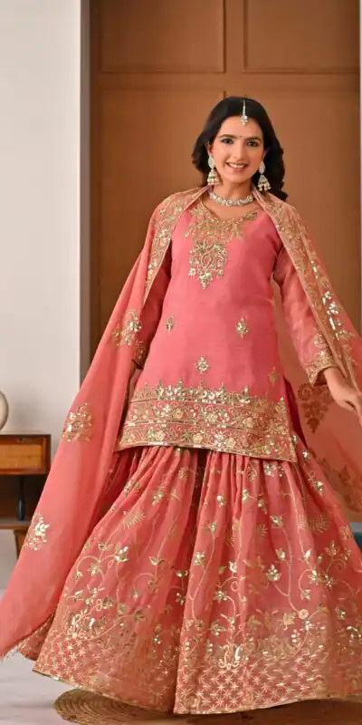 ND 5060 Peach Crunchy Silk Salwar Suit with Embroidery Work. Wedding, Party, Festive, Events Best Price ₹2999. Delivery 4-6 Working Days. Shop now. | Jump Suits, Salwar suit, Designer Suits, Casual Suits, Creative suits, Palazzo Suits, Party Wear Suits, Patiala Suits, Straight Suits