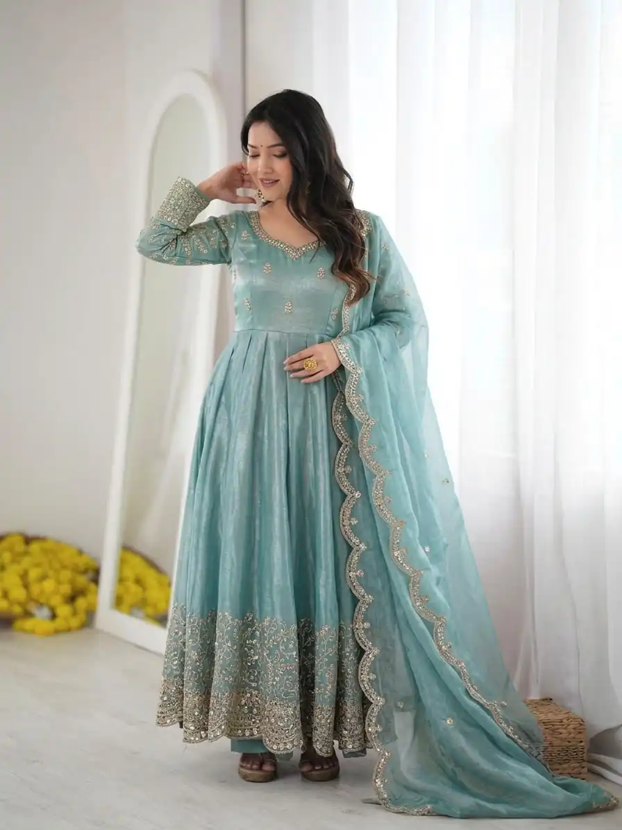 ZSR 3185 Sky Blue Fendy Silk Gown with Embroidery Work & Sequins Work. Special Price ₹2399. Delivery 4-6 Working Days. Shop now. | Gowns, Bollywood Gowns, Creative Gowns, Designer Gowns, Embroidered Gowns, Party Wear Gowns