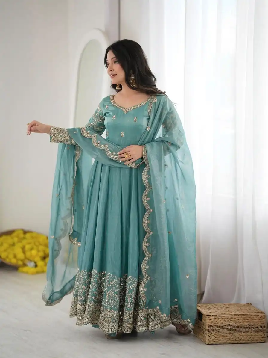 ZSR 3185 Sky Blue Fendy Silk Gown with Embroidery Work & Sequins Work. Special Price ₹2399. Delivery 4-6 Working Days. Shop now. | Gowns, Bollywood Gowns, Creative Gowns, Designer Gowns, Embroidered Gowns, Party Wear Gowns