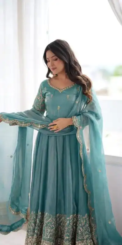 ZSR 3185 Sky Blue Fendy Silk Gown with Embroidery Work & Sequins Work. Special Price ₹2399. Delivery 4-6 Working Days. Shop now. | Gowns, Bollywood Gowns, Creative Gowns, Designer Gowns, Embroidered Gowns, Party Wear Gowns