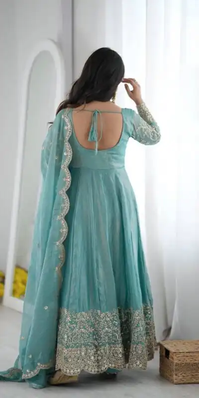 ZSR 3185 Sky Blue Fendy Silk Gown with Embroidery Work & Sequins Work. Special Price ₹2399. Delivery 4-6 Working Days. Shop now. | Gowns, Bollywood Gowns, Creative Gowns, Designer Gowns, Embroidered Gowns, Party Wear Gowns
