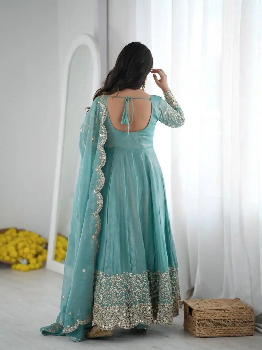 ZSR 3185 Sky Blue Fendy Silk Gown with Embroidery Work & Sequins Work. Special Price ₹2399. Delivery 4-6 Working Days. Shop now. | Gowns, Bollywood Gowns, Creative Gowns, Designer Gowns, Embroidered Gowns, Party Wear Gowns