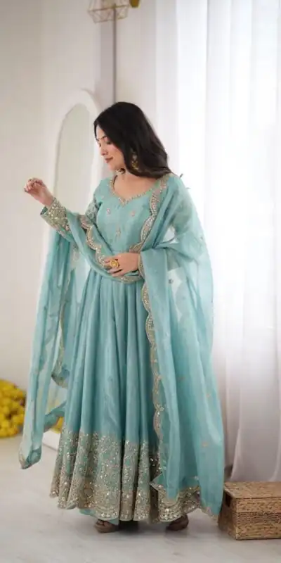 ZSR 3185 Sky Blue Fendy Silk Gown with Embroidery Work & Sequins Work. Special Price ₹2399. Delivery 4-6 Working Days. Shop now. | Gowns, Bollywood Gowns, Creative Gowns, Designer Gowns, Embroidered Gowns, Party Wear Gowns