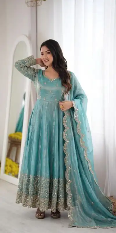 ZSR 3185 Sky Blue Fendy Silk Gown with Embroidery Work & Sequins Work. Special Price ₹2399. Delivery 4-6 Working Days. Shop now. | Gowns, Bollywood Gowns, Creative Gowns, Designer Gowns, Embroidered Gowns, Party Wear Gowns