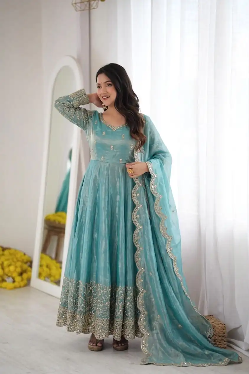 ZSR 3185 Sky Blue Fendy Silk Gown with Embroidery Work & Sequins Work. Special Price ₹2399. Delivery 4-6 Working Days. Shop now. | Gowns, Bollywood Gowns, Creative Gowns, Designer Gowns, Embroidered Gowns, Party Wear Gowns
