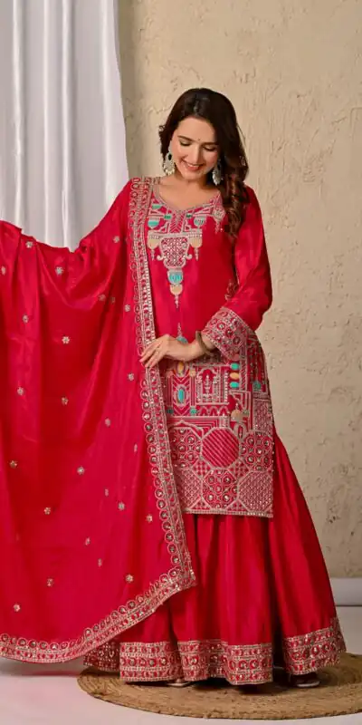 ND 5047 Red Chinon Silk Salwar Suit with Embroidery Work & Sequins Work. Get it for ₹2399. Delivery 4-6 Working Days. Shop now. | Jump Suits, Salwar suit, Designer Suits, Casual Suits, Creative suits, Palazzo Suits, Party Wear Suits, Patiala Suits, Straight Suits