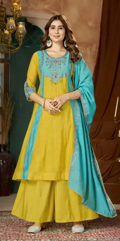 DIVA 183 Yellow Brown Mal Chanderi Salwar Suit Perfect for Wedding, Party, Baisakhi, Housewarming, Sangeet – Introductory Price ₹2799. Delivery 4-6 Working | Jump Suits, Salwar suit, Designer Suits, Casual Suits, Creative suits, Palazzo Suits, Party Wear Suits, Patiala Suits, Straight Suits