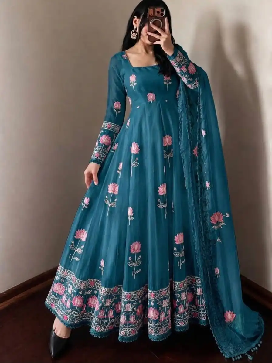 SR 1724 Blue Faux Georgette Gown with Mirror Work & Embroidery Work. Get it for ₹2799. Delivery 4-6 Working Days. Online Shop now. | Gowns, Bollywood Gowns, Creative Gowns, Designer Gowns, Embroidered Gowns, Party Wear Gowns