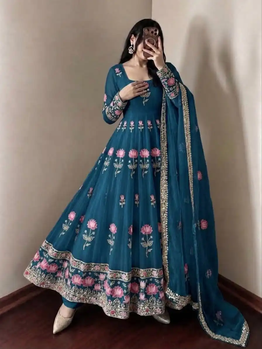 SR 1724 Blue Faux Georgette Gown with Mirror Work & Embroidery Work. Get it for ₹2799. Delivery 4-6 Working Days. Online Shop now. | Gowns, Bollywood Gowns, Creative Gowns, Designer Gowns, Embroidered Gowns, Party Wear Gowns
