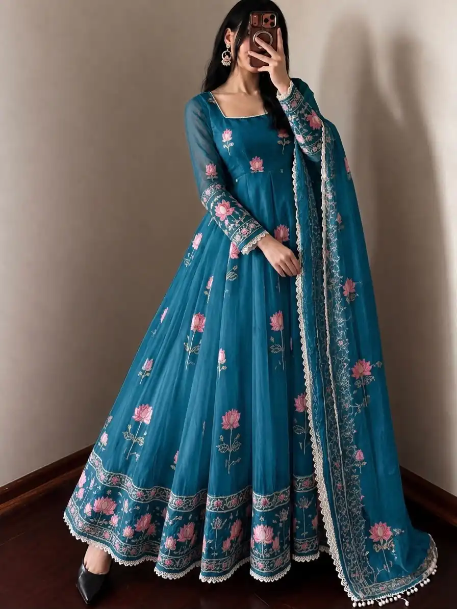 SR 1724 Blue Faux Georgette Gown with Mirror Work & Embroidery Work. Get it for ₹2799. Delivery 4-6 Working Days. Online Shop now. | Gowns, Bollywood Gowns, Creative Gowns, Designer Gowns, Embroidered Gowns, Party Wear Gowns