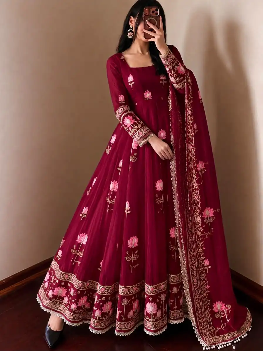 SR 1724 Maroon Faux Georgette Gown with Mirror Work & Embroidery Work. Get it for ₹2799. Delivery 4-6 Working Days. Online Shop now. | Gowns, Bollywood Gowns, Creative Gowns, Designer Gowns, Embroidered Gowns, Party Wear Gowns