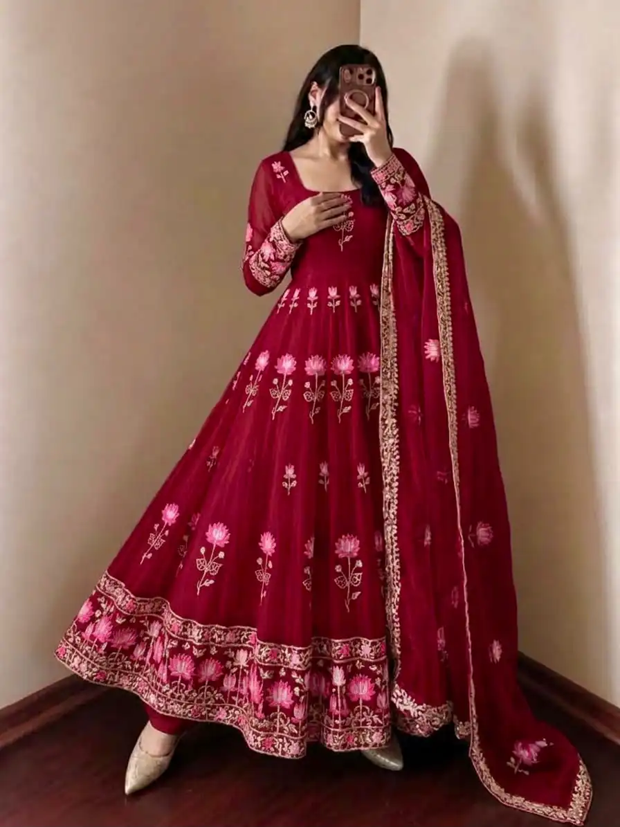 SR 1724 Maroon Faux Georgette Gown with Mirror Work & Embroidery Work. Get it for ₹2799. Delivery 4-6 Working Days. Online Shop now. | Gowns, Bollywood Gowns, Creative Gowns, Designer Gowns, Embroidered Gowns, Party Wear Gowns