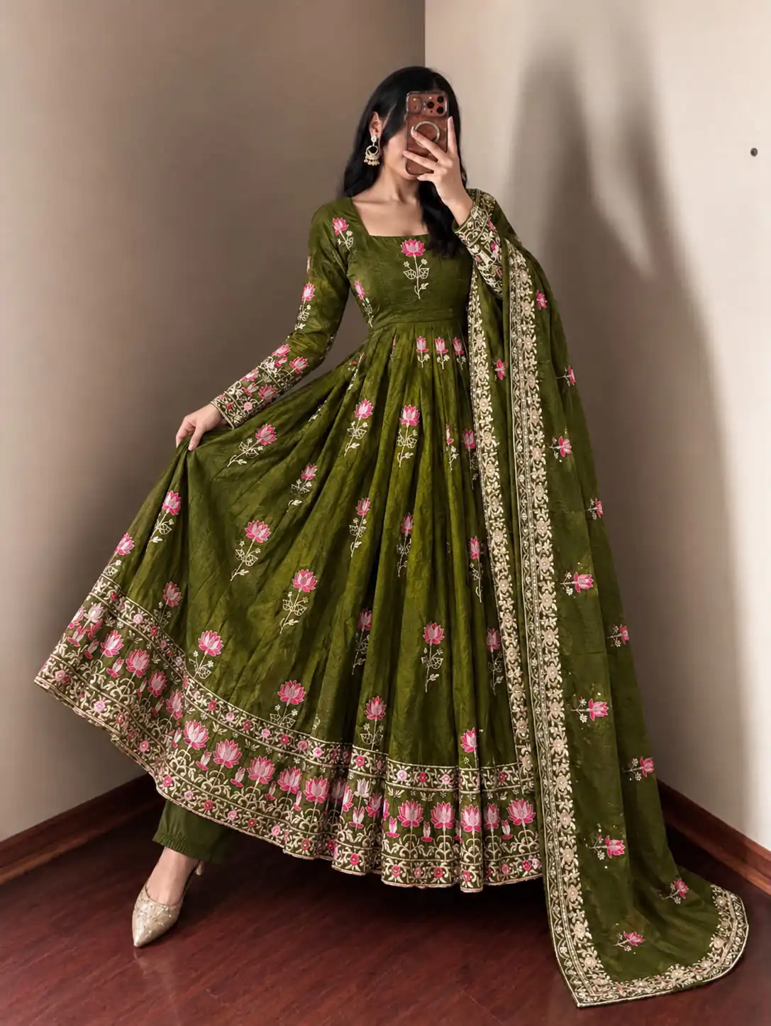 SR 1724 Mehendi Faux Georgette Gown with Mirror Work & Embroidery Work. Get it for ₹2799. Delivery 4-6 Working Days. Online Shop now. | Gowns, Bollywood Gowns, Creative Gowns, Designer Gowns, Embroidered Gowns, Party Wear Gowns