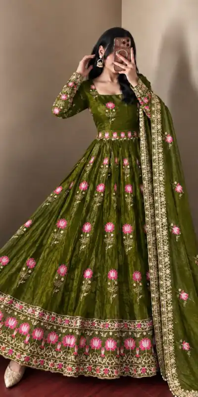 SR 1724 Mehendi Faux Georgette Gown with Mirror Work & Embroidery Work. Get it for ₹2799. Delivery 4-6 Working Days. Online Shop now. | Gowns, Bollywood Gowns, Creative Gowns, Designer Gowns, Embroidered Gowns, Party Wear Gowns